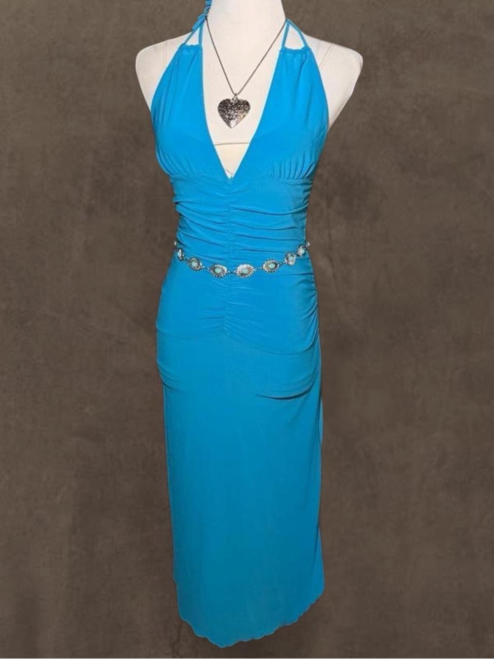 Lipstick Boutique Blue Backless Halter Ruched Midi Dress